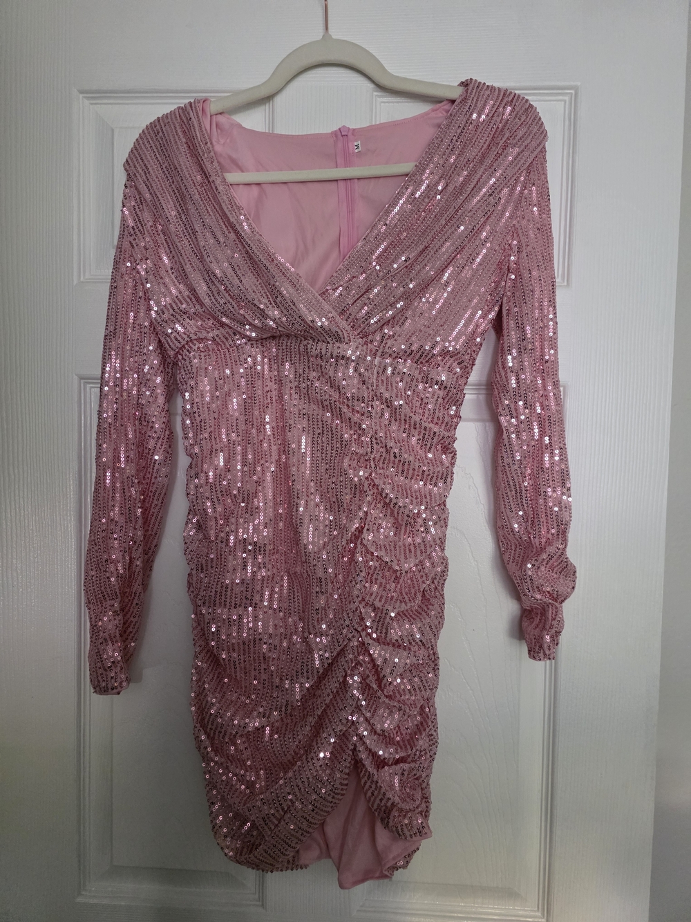 Pink Sequin Long-Sleeve V-Neck Ruched Mini Dress